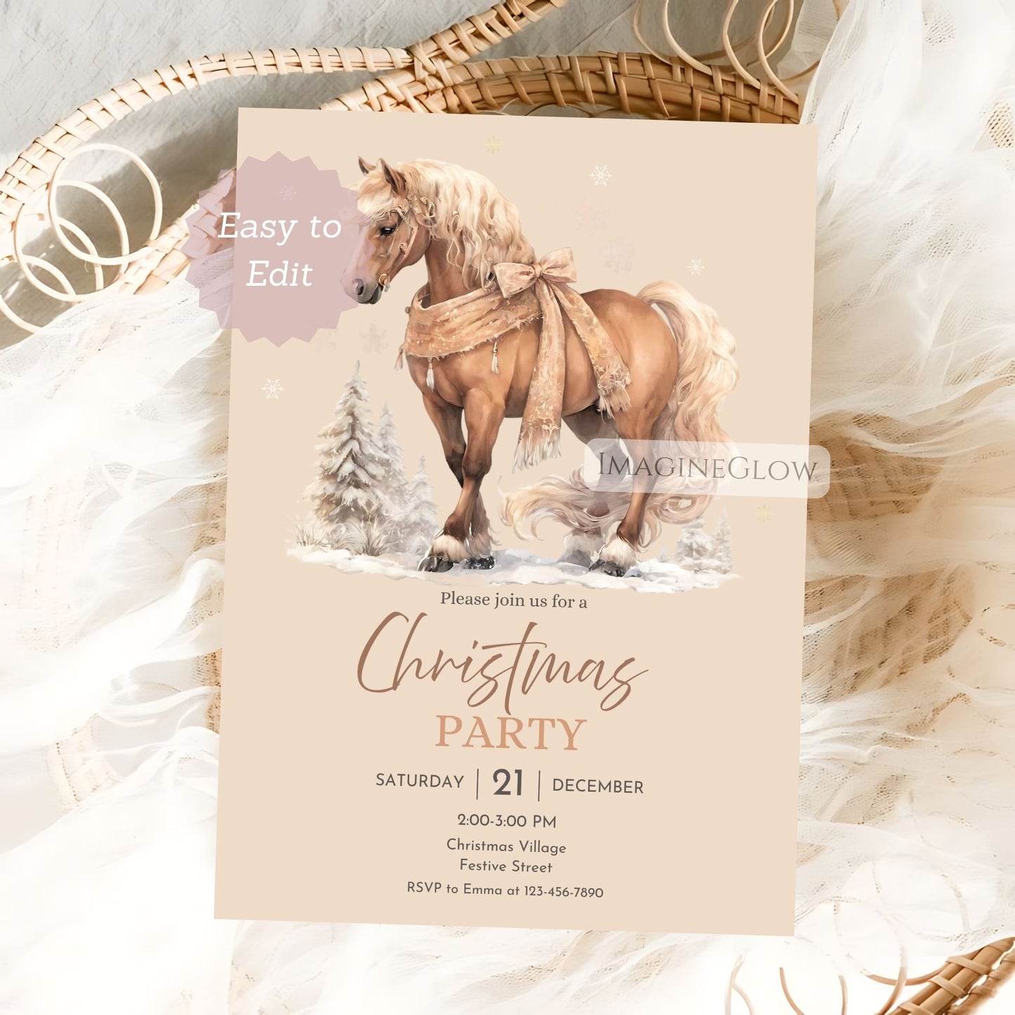 Christmas party invitation with a horse and bow design on a textured surface