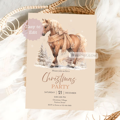 Christmas party invitation with a horse and bow design on a textured surface