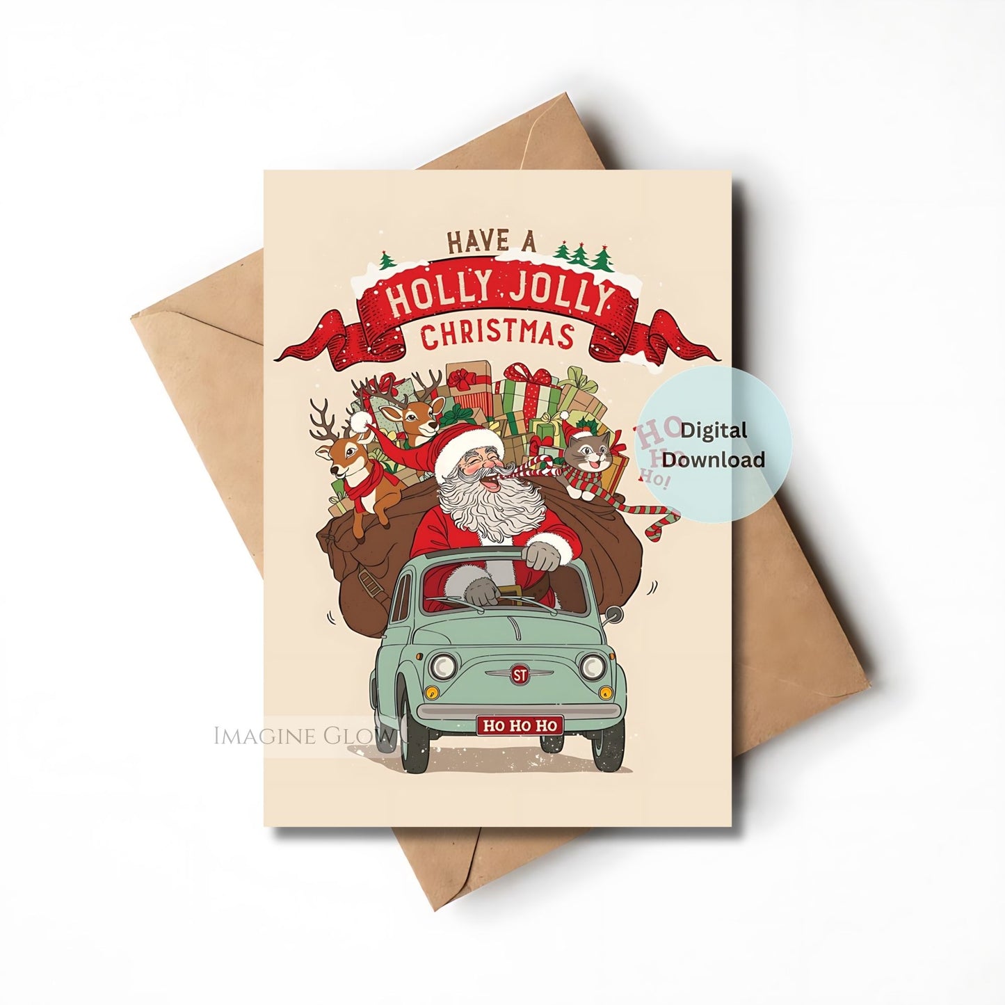 Christmas card with Santa driving a car, surrounded by reindeer and presents, with a brown envelope.