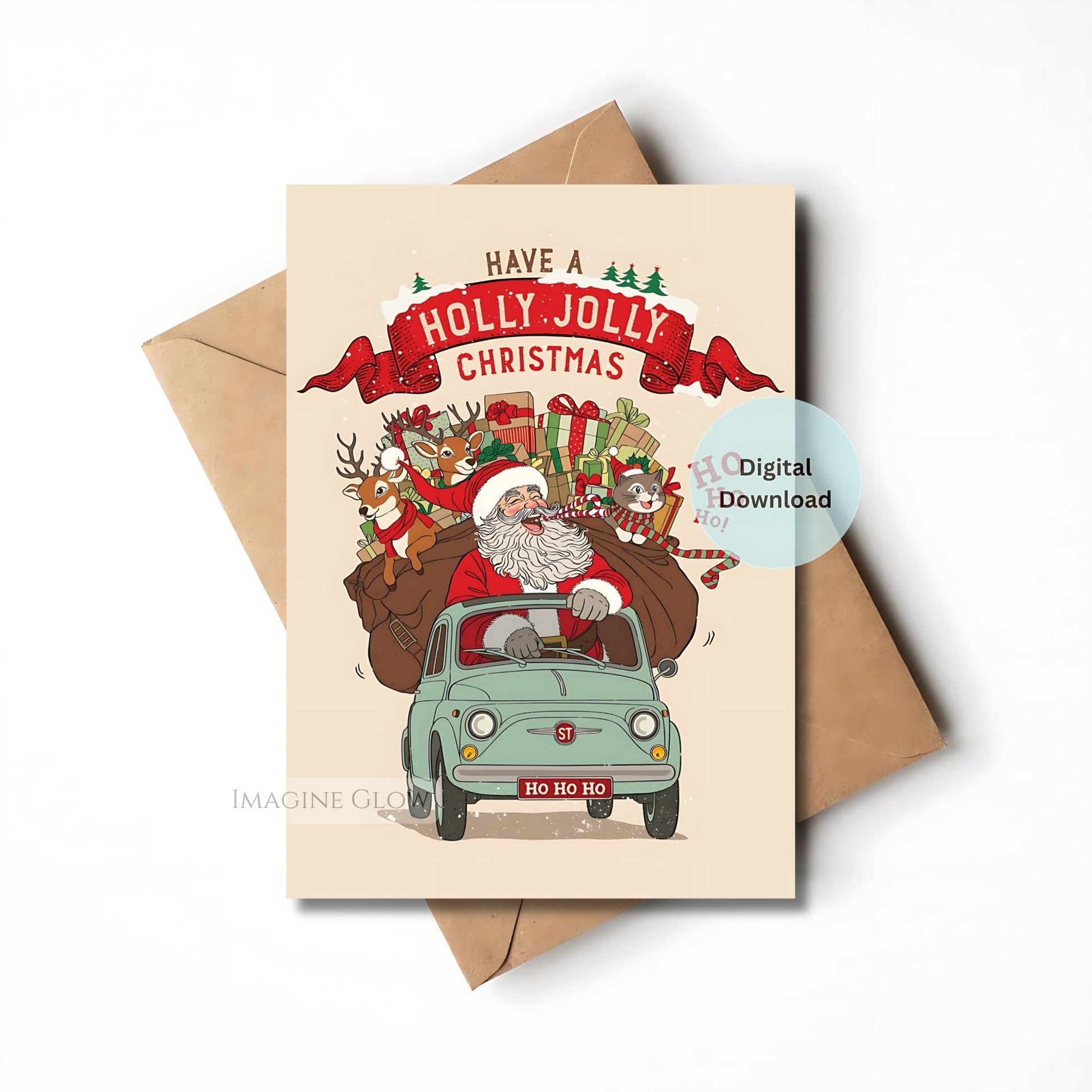 Christmas card with Santa driving a car, surrounded by reindeer and presents, with a brown envelope.