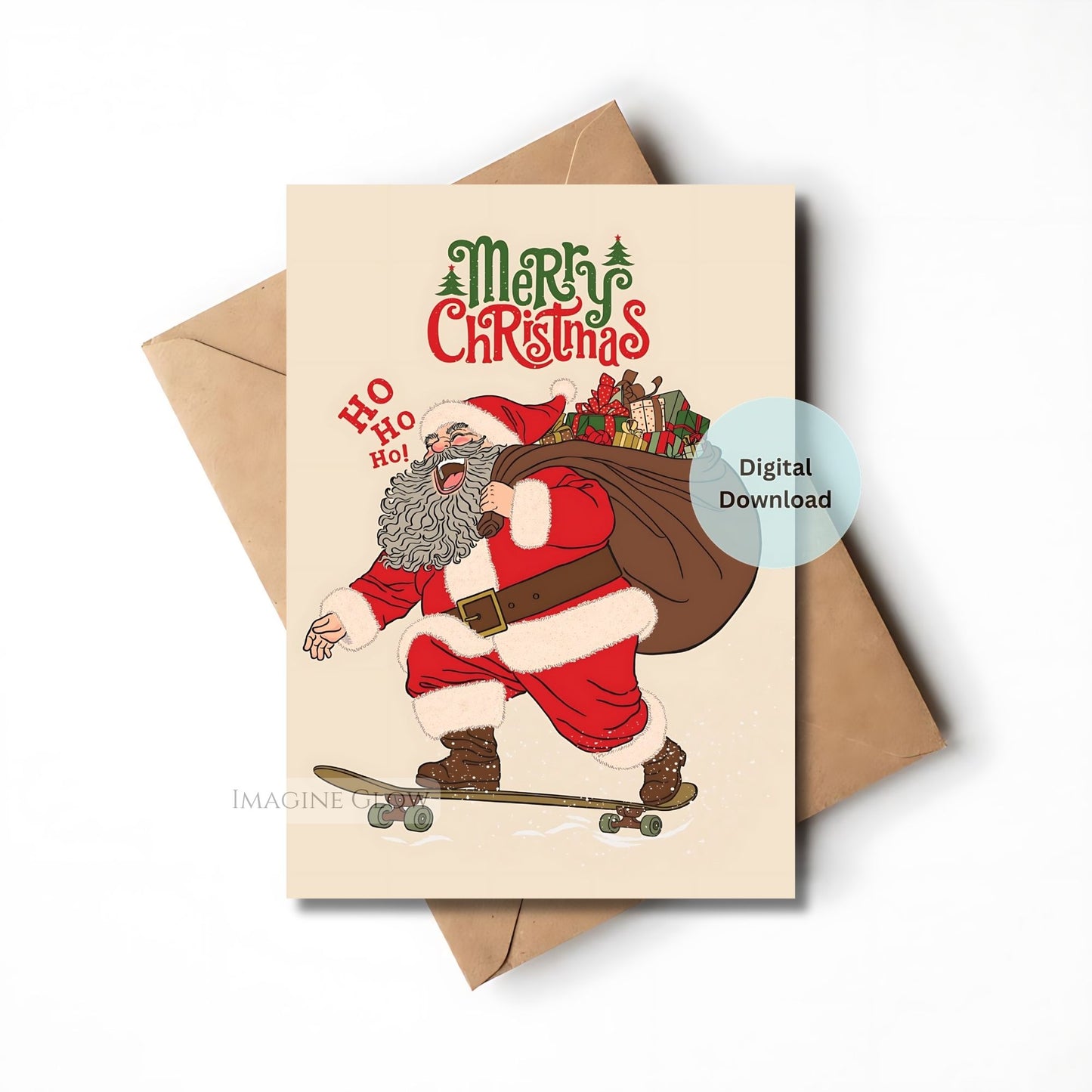 Christmas card with Santa Claus on a skateboard and envelope