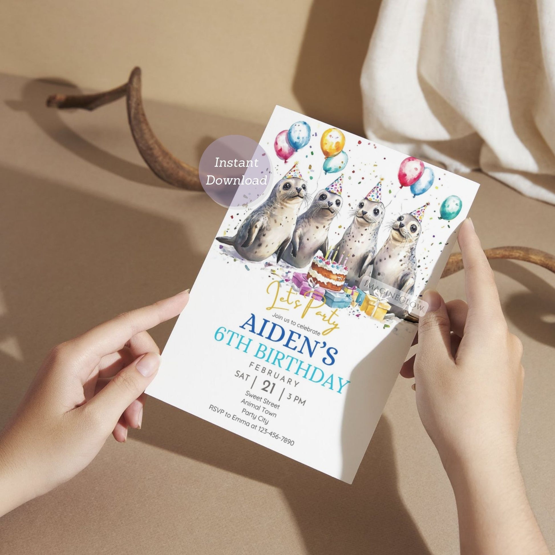 Beach party seal birthday invitation

