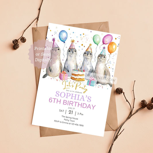 Birthday party invitation with seals and balloons on a beige background