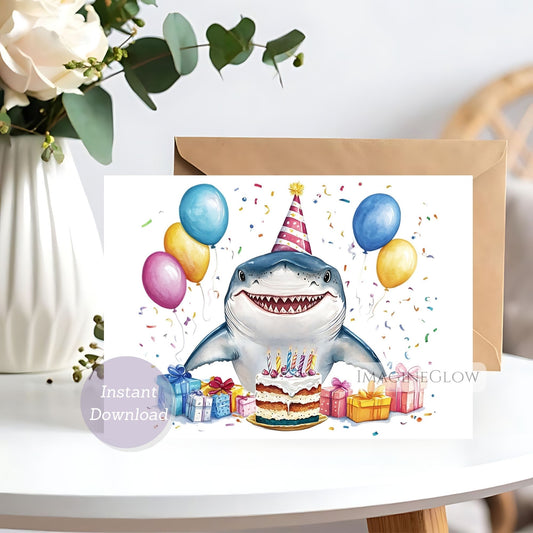 Birthday card with a shark wearing a party hat, balloons, and a cake on a white surface.