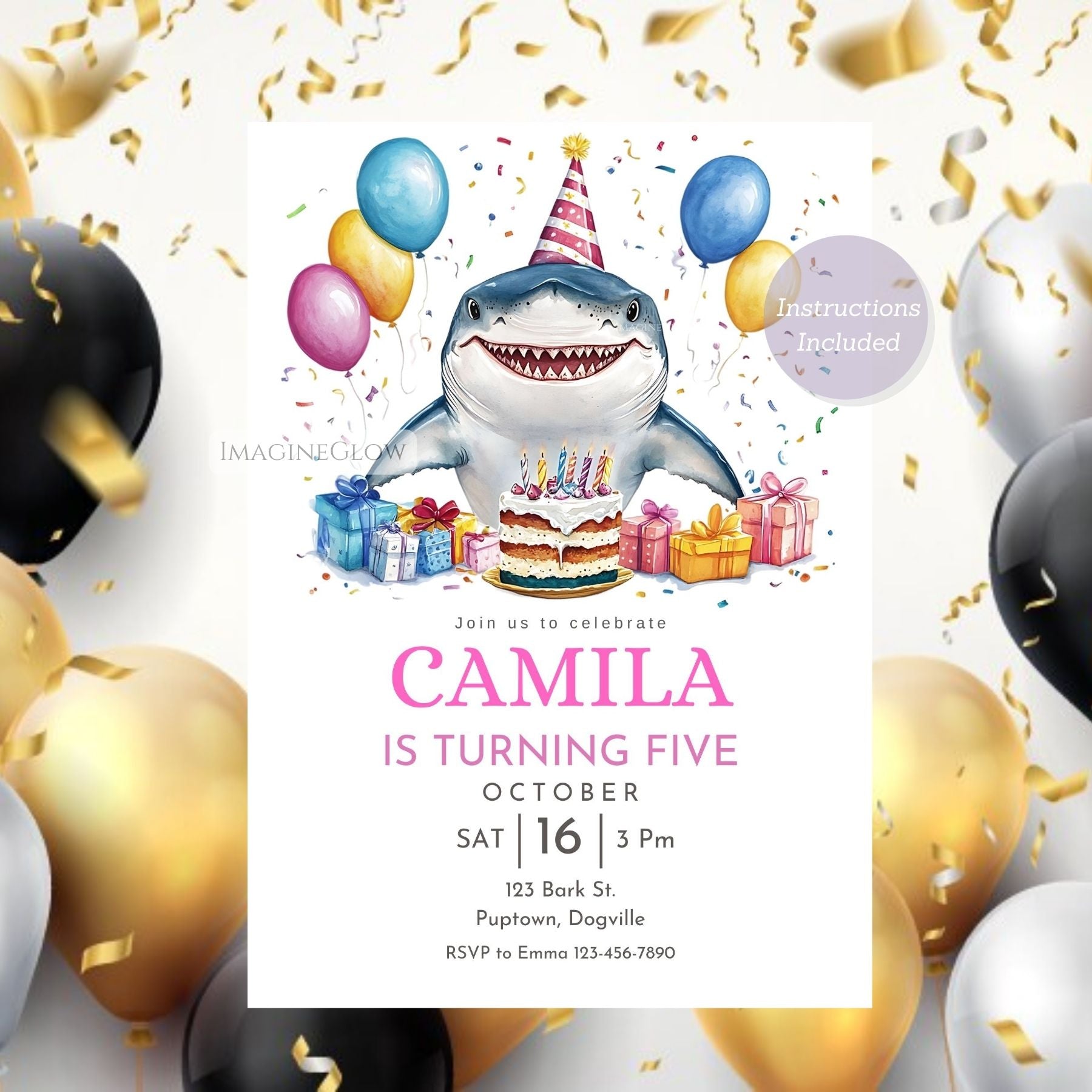 Ocean-Themed Shark Party Card for Kids' Birthday Party.

