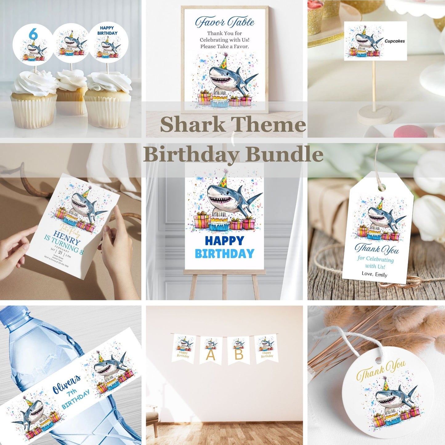 Shark birthday party printables bundle

