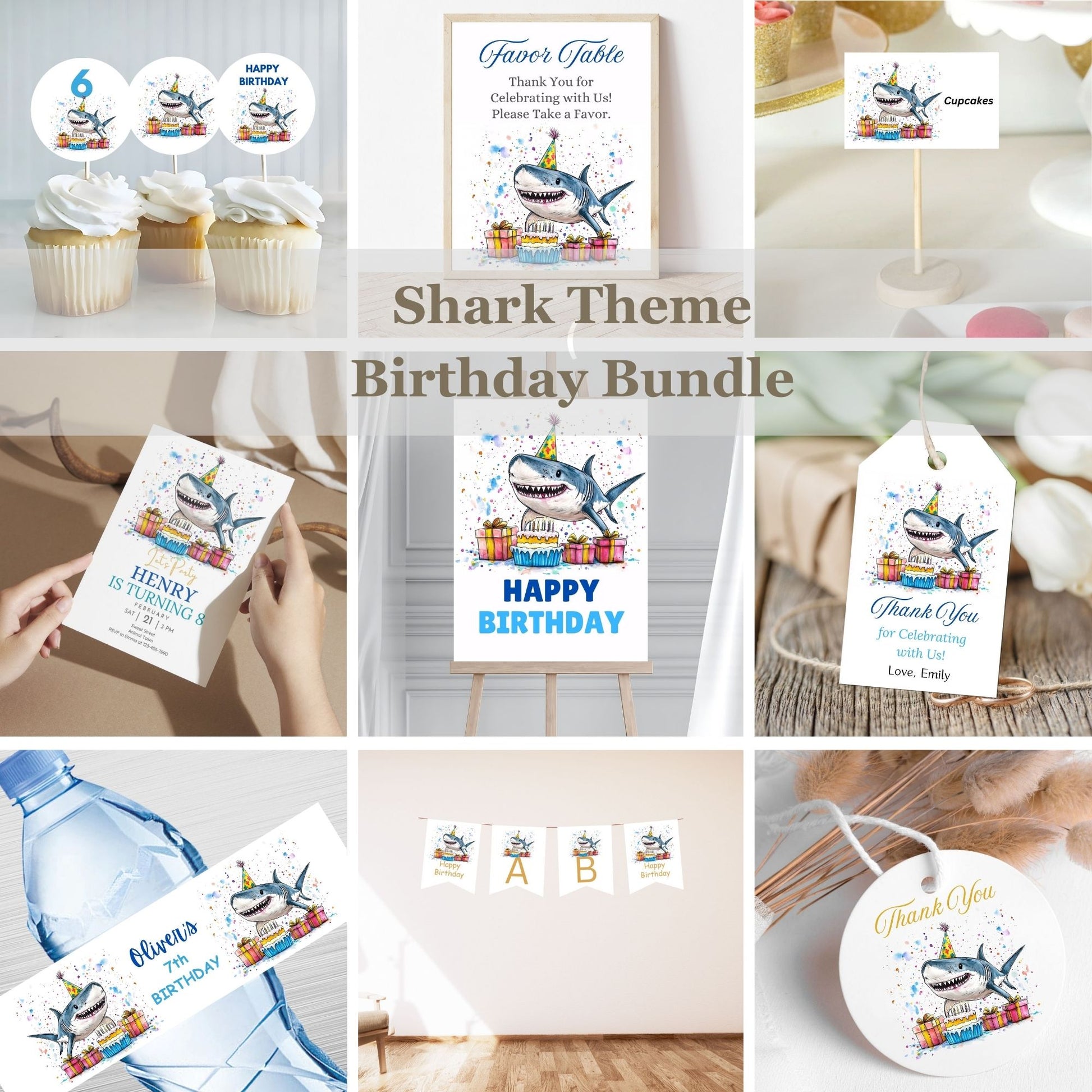 Shark birthday party printables bundle
