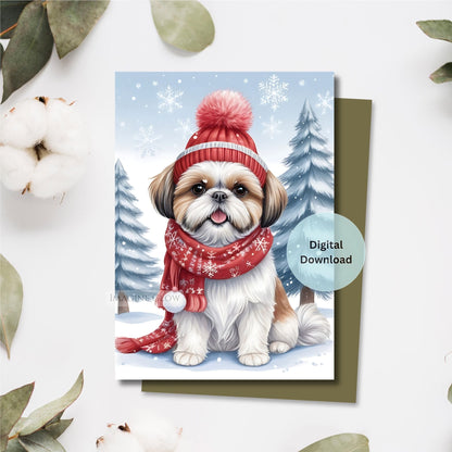 shih tzu christmas card festive dog design
