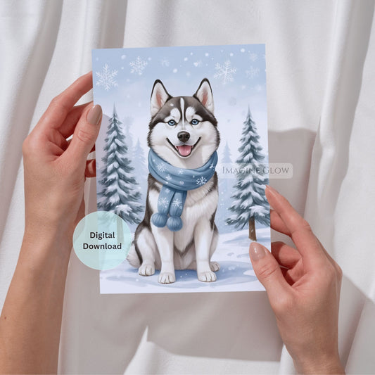 Husky dog card with winter scene held by hands against a white curtain background