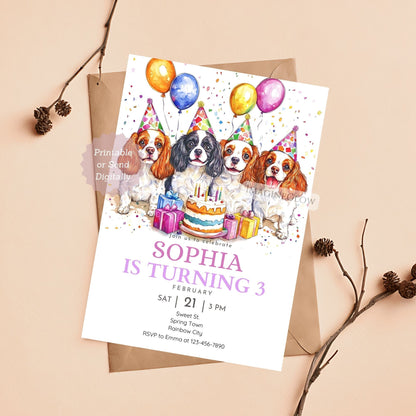 Cute puppy-themed birthday invite featuring a Spaniel dog
Cavalier King Charles Spaniel dog party invitation
