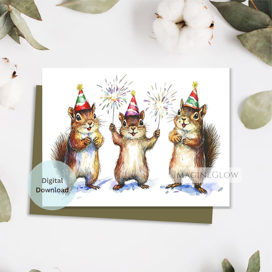 Card with three squirrels wearing party hats and holding fireworks on a white background.