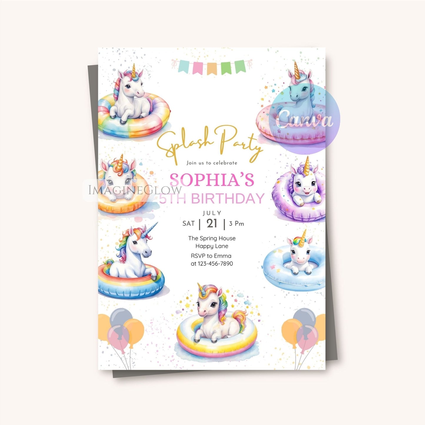 girls unicorn pool party invitation
editable magical summer birthday invite