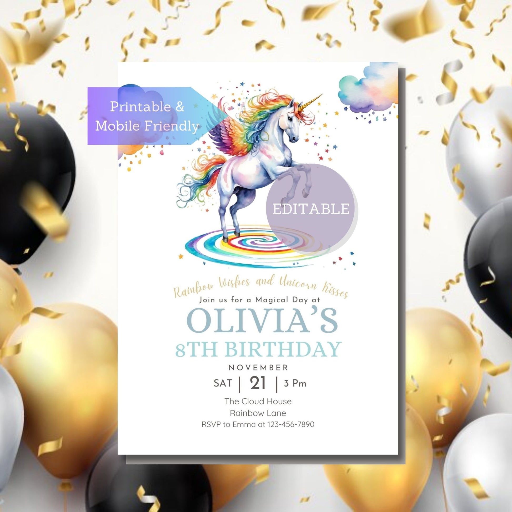 Kids' birthday invitation with unicorn and rainbow design, customizable template