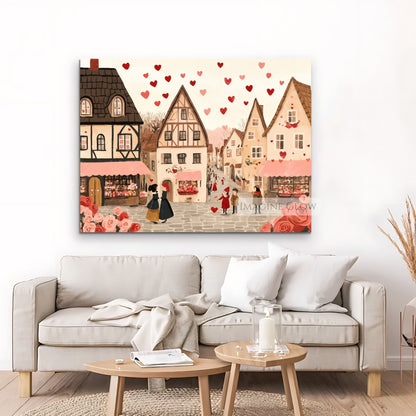 Cozy village wall art with romantic heart accents
