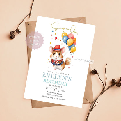 Hamster cowboy birthday invitation
Hamster cowgirl birthday party invite
