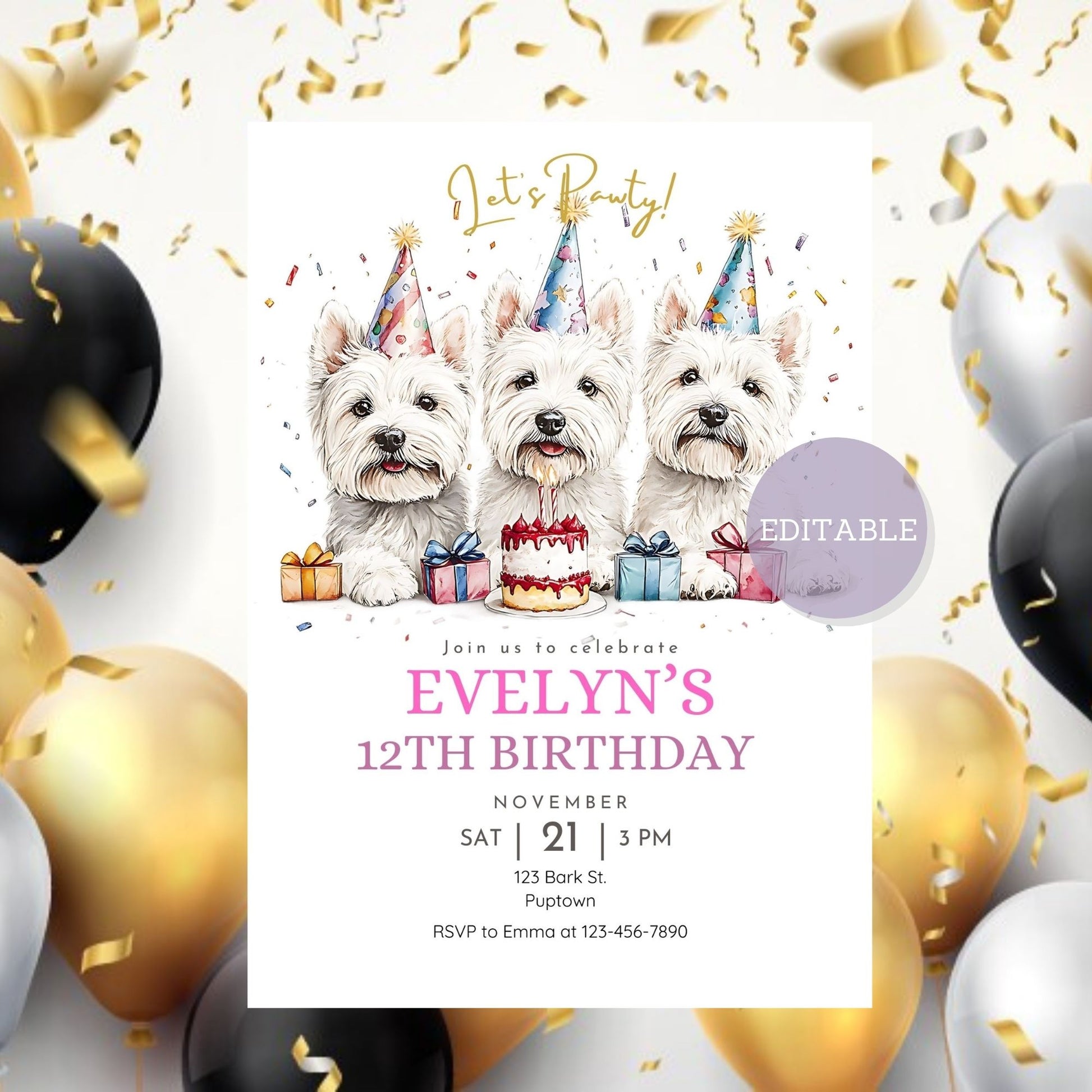 Customizable dog birthday party invite featuring a Westie design.