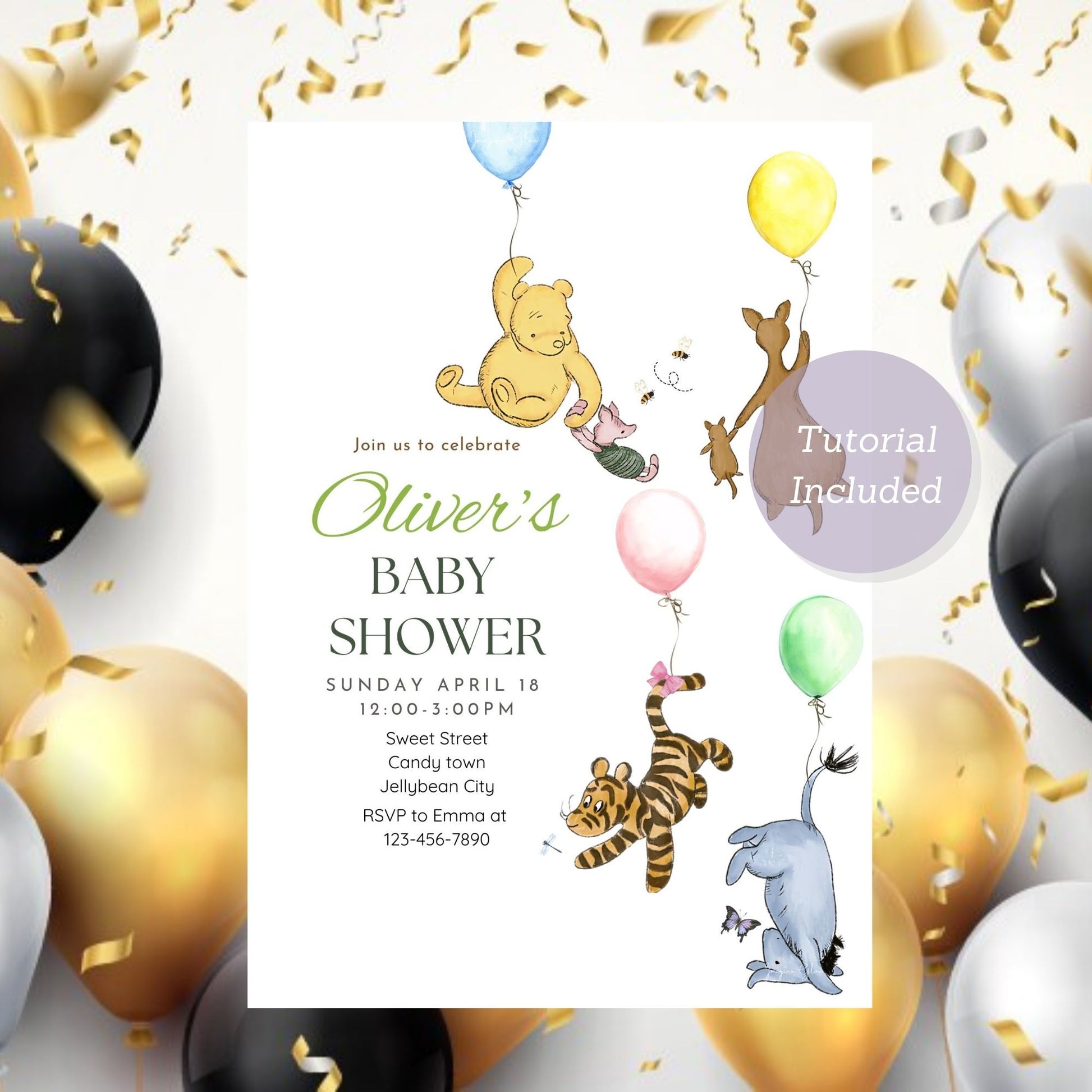 Charming Winnie the Pooh baby shower invitation with balloon.
Gender-neutral Winnie the Pooh invitation with a balloon for baby shower.