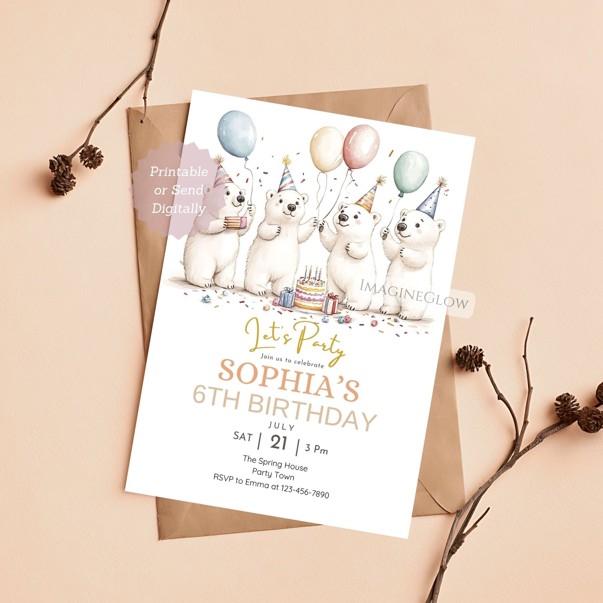 Birthday invitation card with polar bears and balloons on a beige background