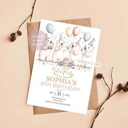 Birthday invitation card with polar bears and balloons on a beige background
