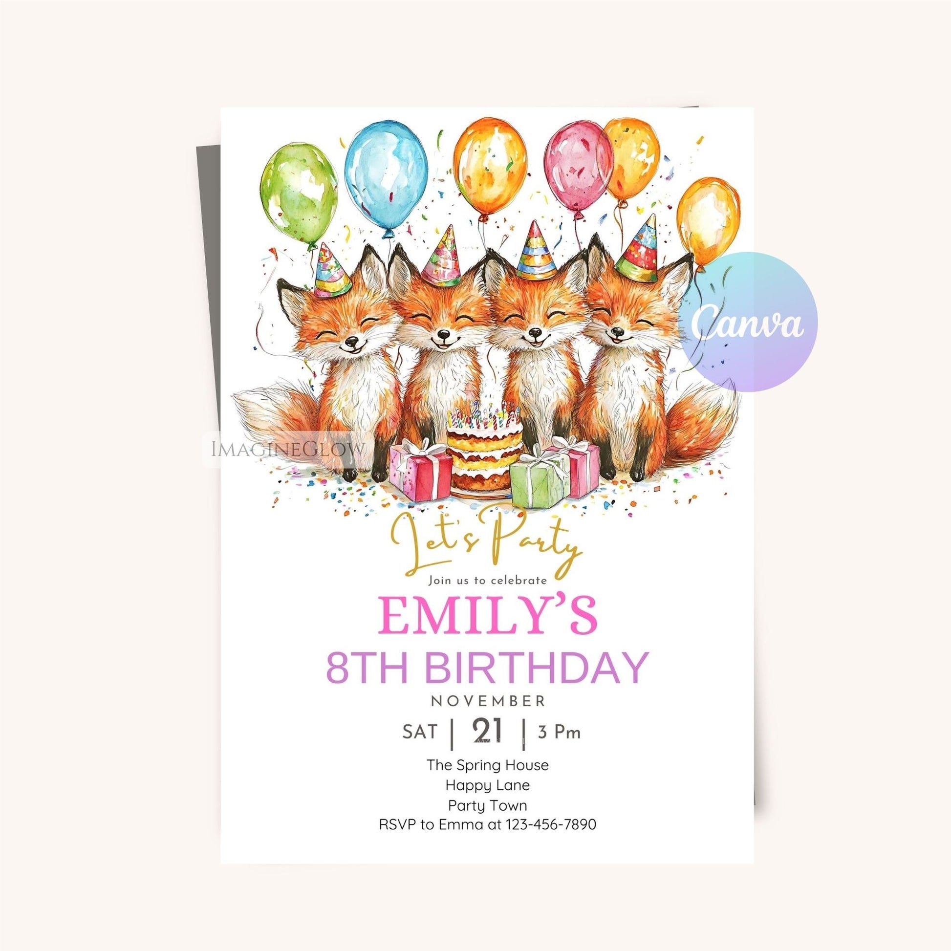 Cute rustic fox-themed birthday invitation
