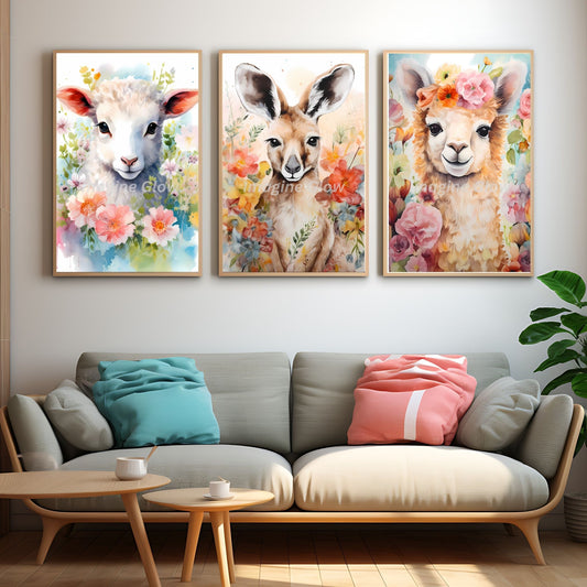 Set of 3 printable baby animal wall art designs for nursery decor.