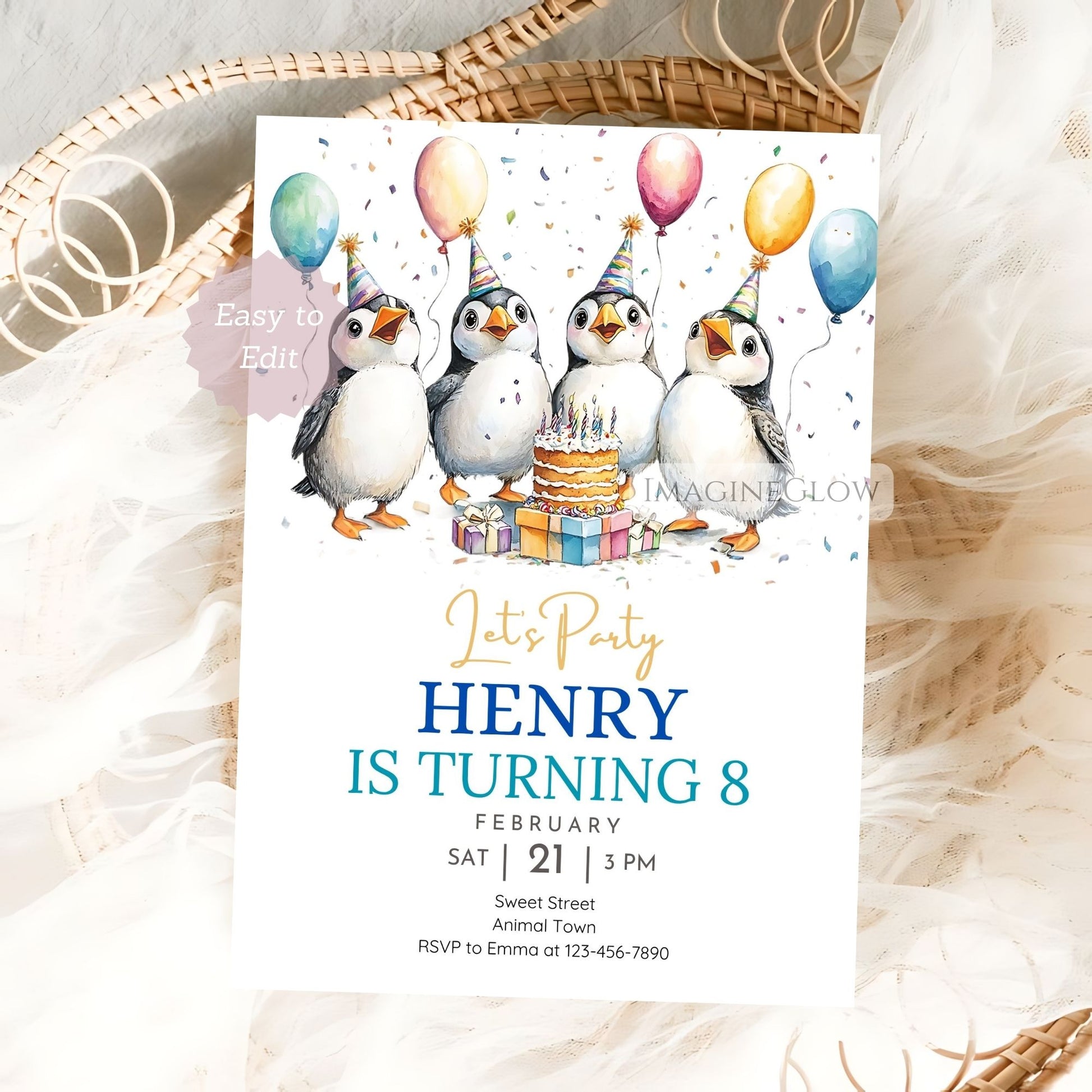 Cute puffin bird birthday invitation design
