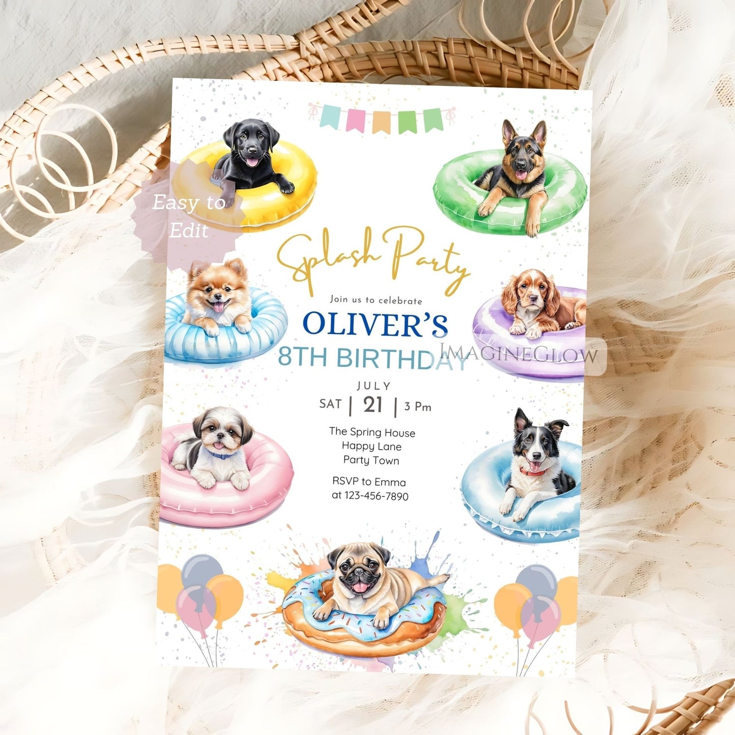 Birthday party invitation with dogs on inflatable rings on a textured surface
