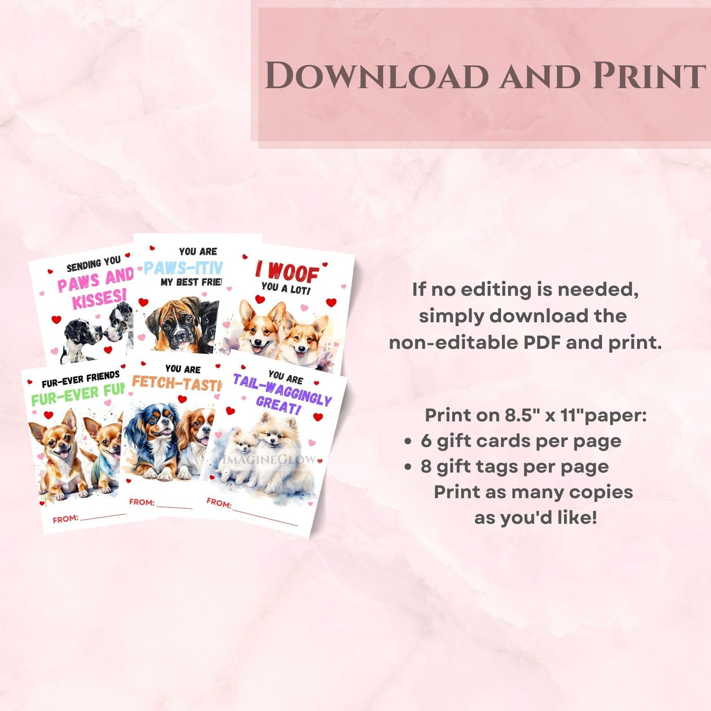 Printable dog Valentine cards for parties and gifts
Customizable dog-themed party favor tags