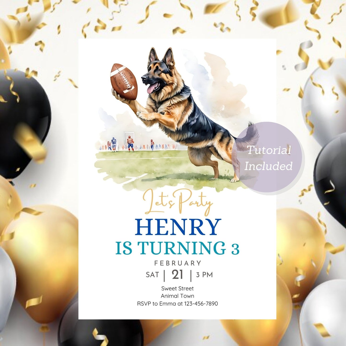 German Shepherd Dog invitation for sports and dog lovers.
