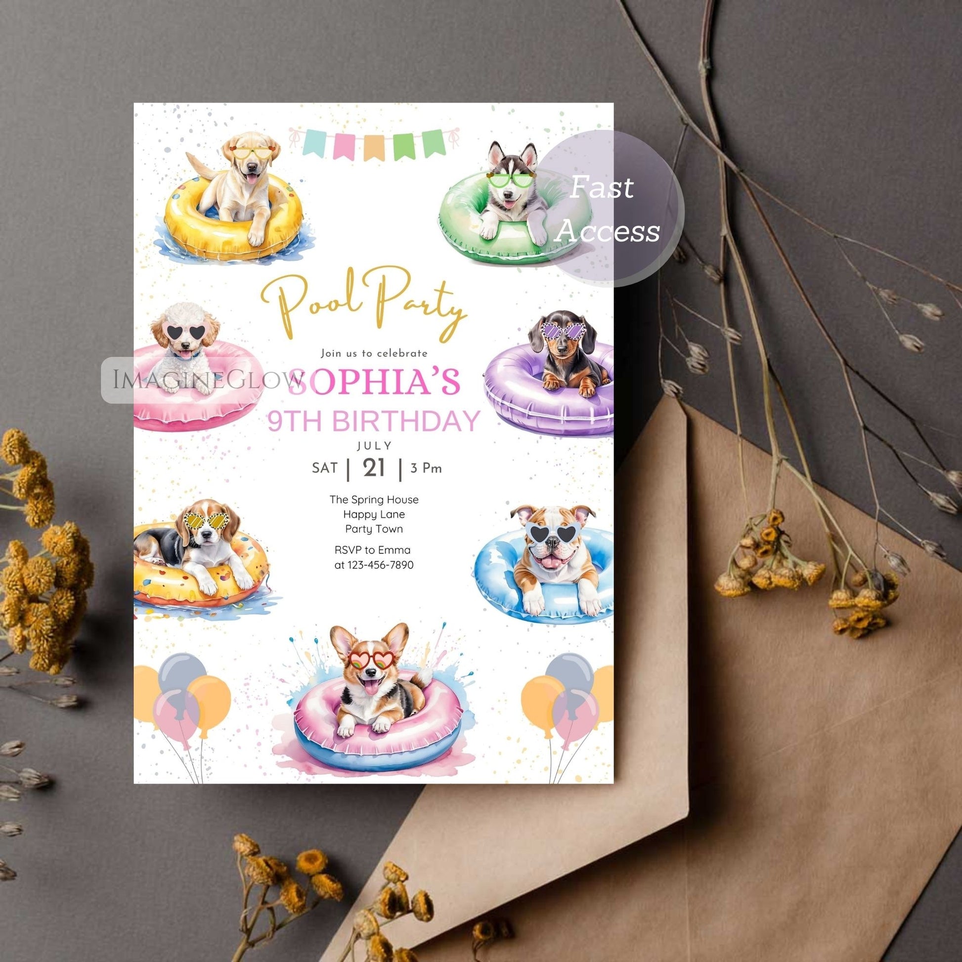 Birthday party invitation with dogs on pool floats
