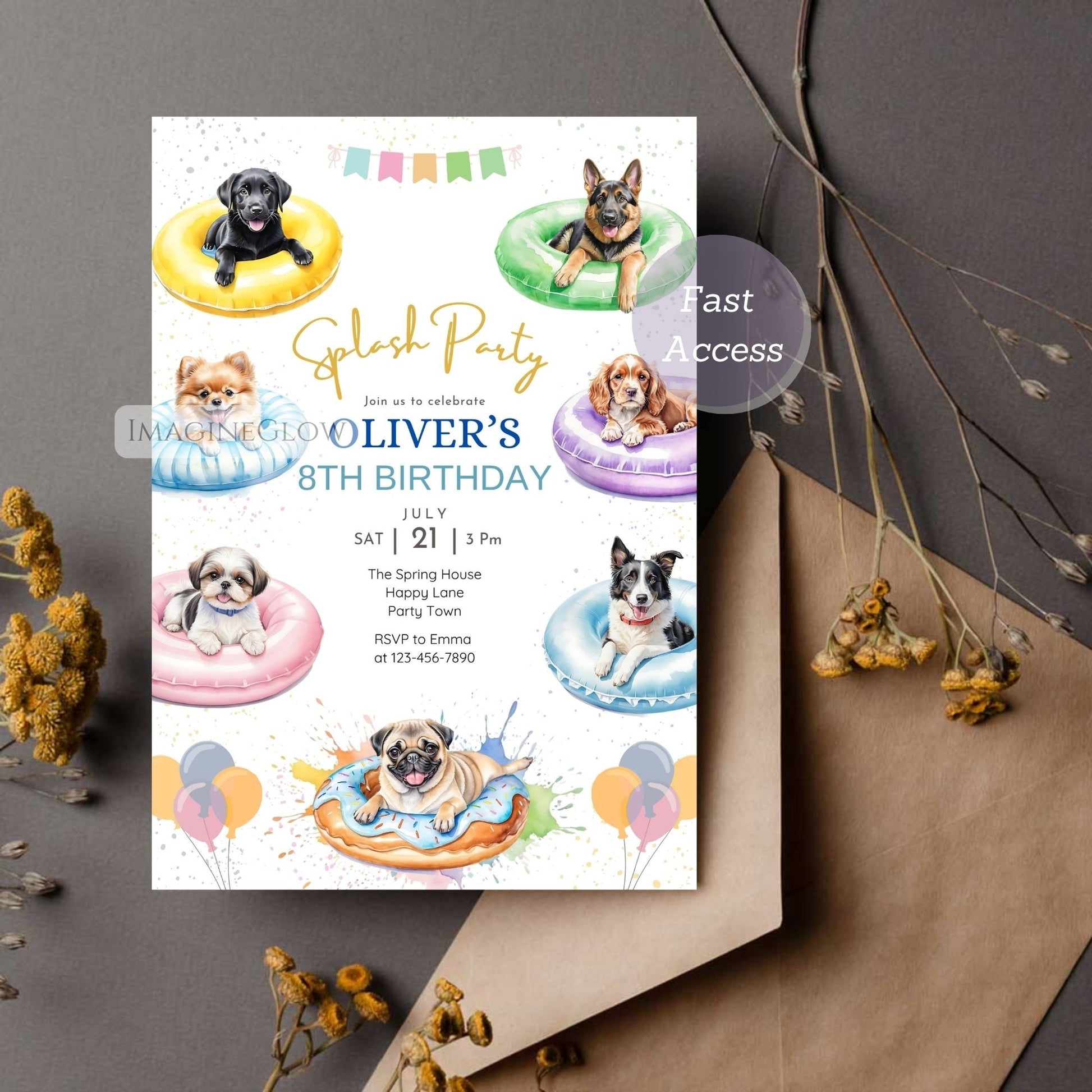 Birthday party invitation with dogs on inflatable rings on a gray surface.