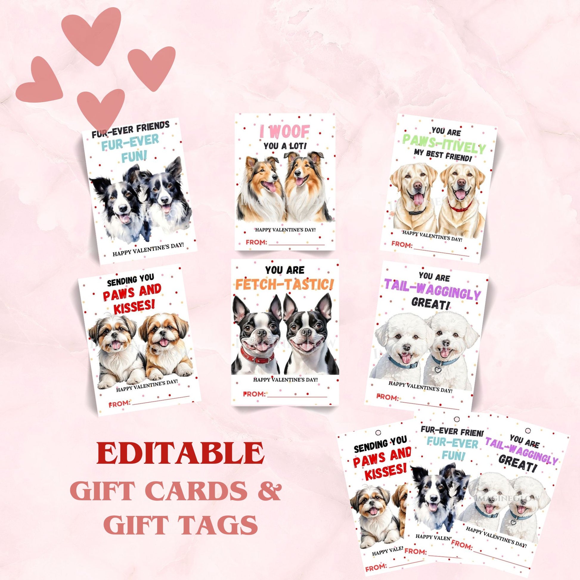 Dog Valentine Day cards with six cute puppy couples
