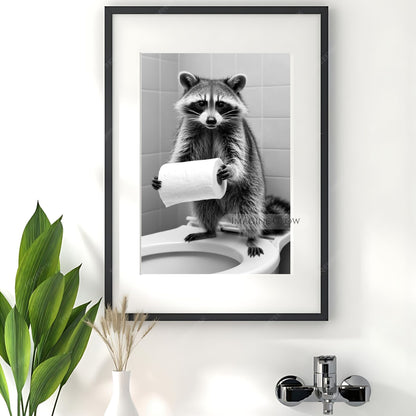 Raccoon holding toilet paper print, quirky bathroom humor decor.
