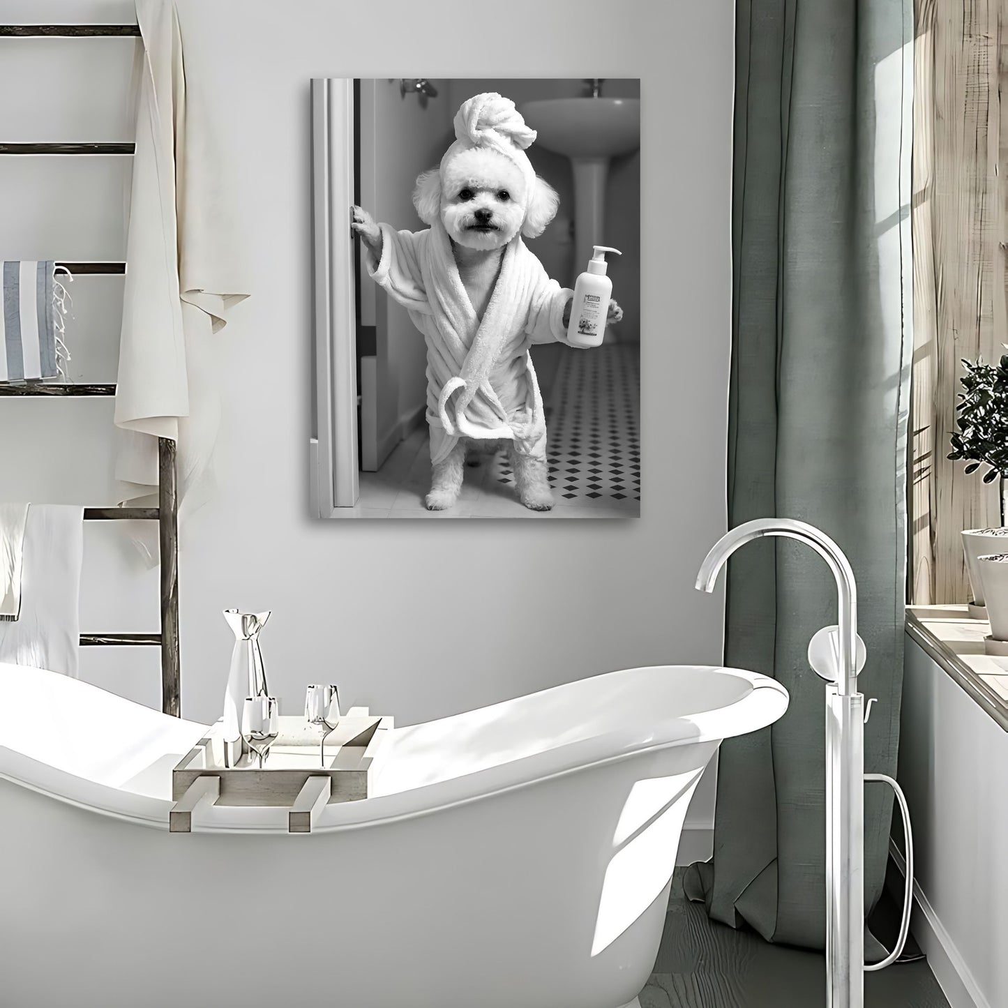 Petshop art showcasing a playful Bichon in a bathtub for funny toilet art.
Above toilet print with a whimsical Bichon Frise enjoying bathtime.
Funny dog photo of a Bichon in a bath tub for restroom wall decor.