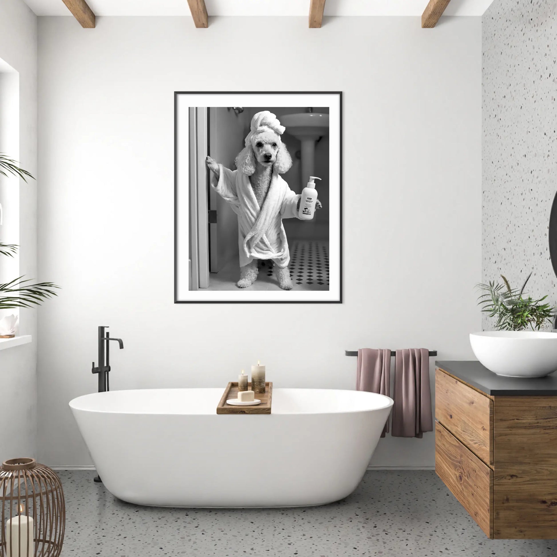 Poodle taking a bath in a bathtub, ideal for restroom wall decor.