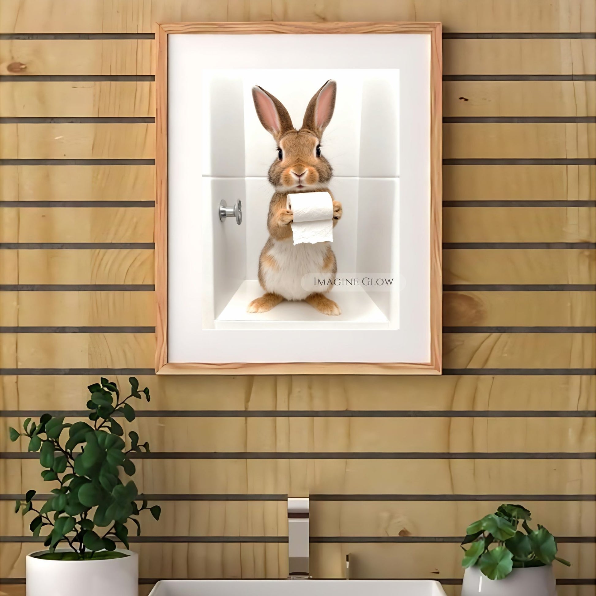 Whimsical rabbit bathroom wall art with a humorous theme.
