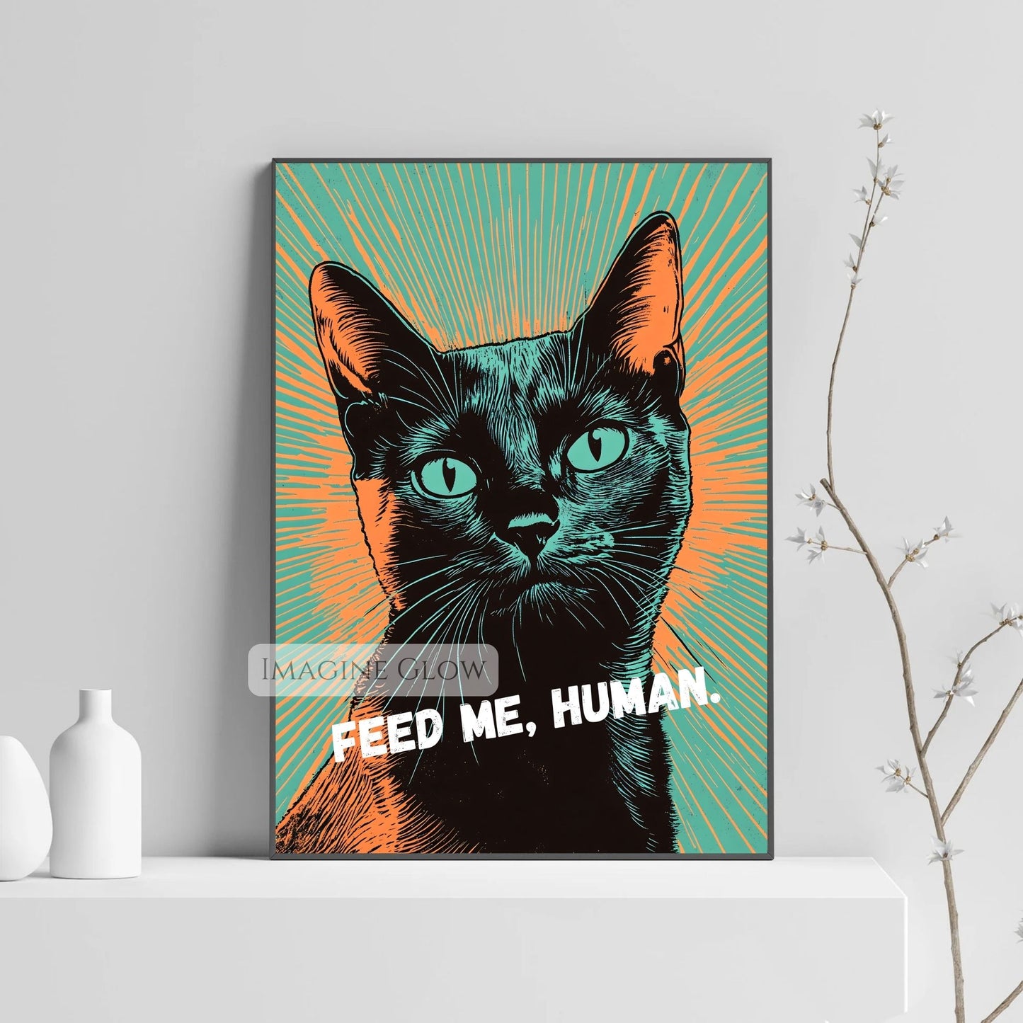 Fun pop art cat wall decor with witty "Feed Me, Human" text.
