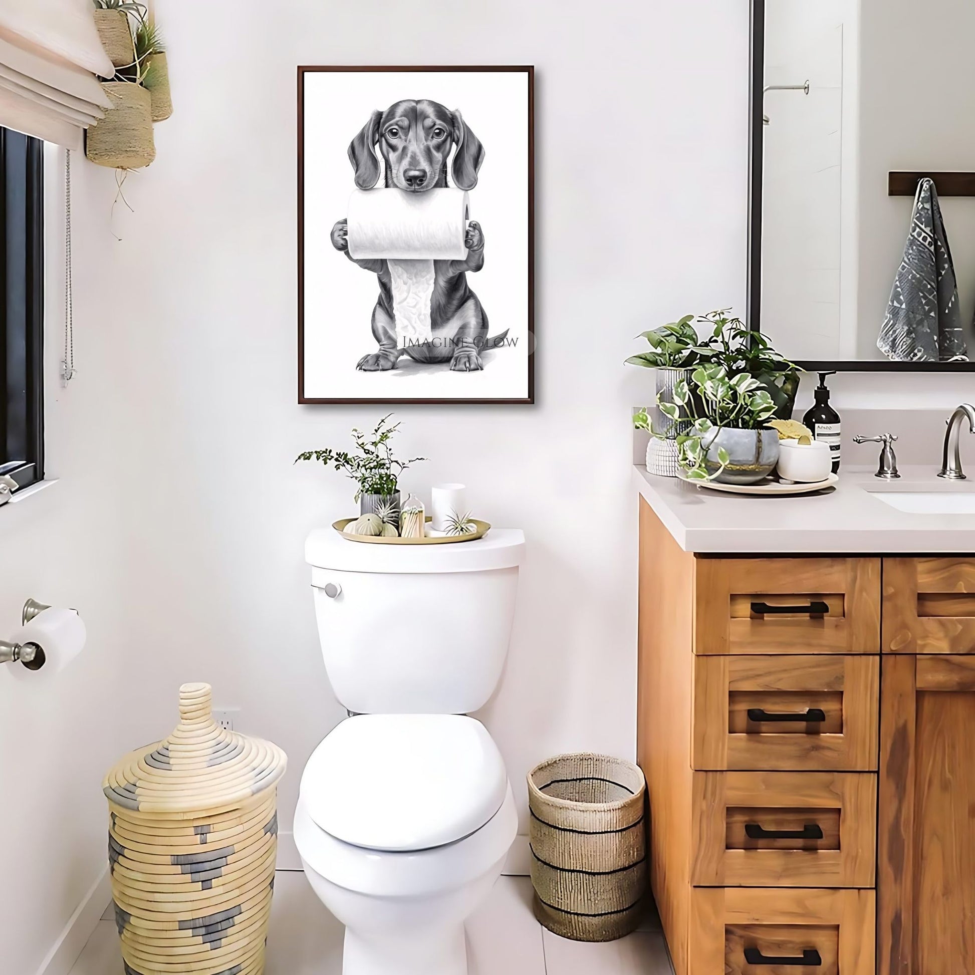 Toilet paper humor wall art with a Dachshund illustration.