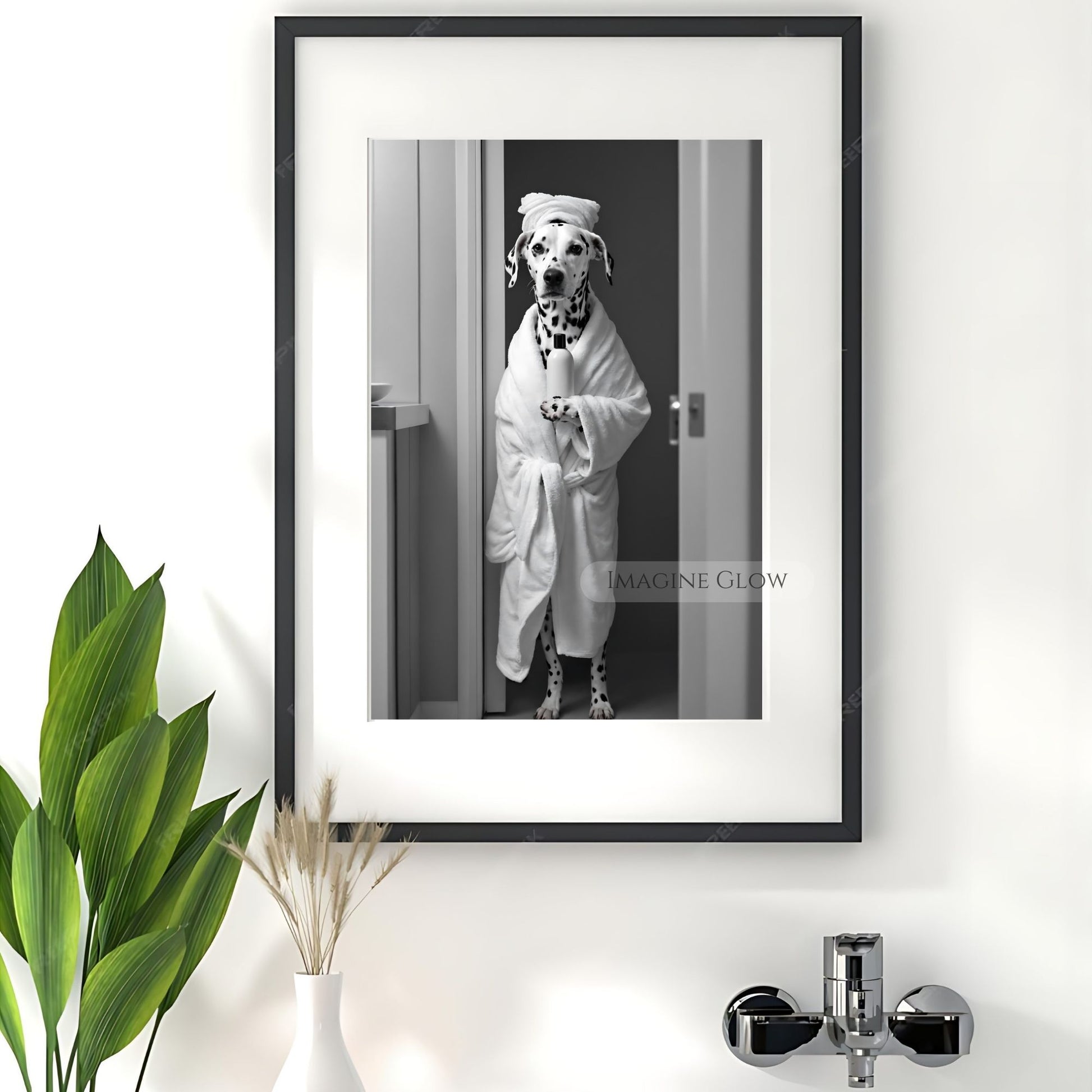 Funny bathroom art with Dalmatian dog in bathrobe style
