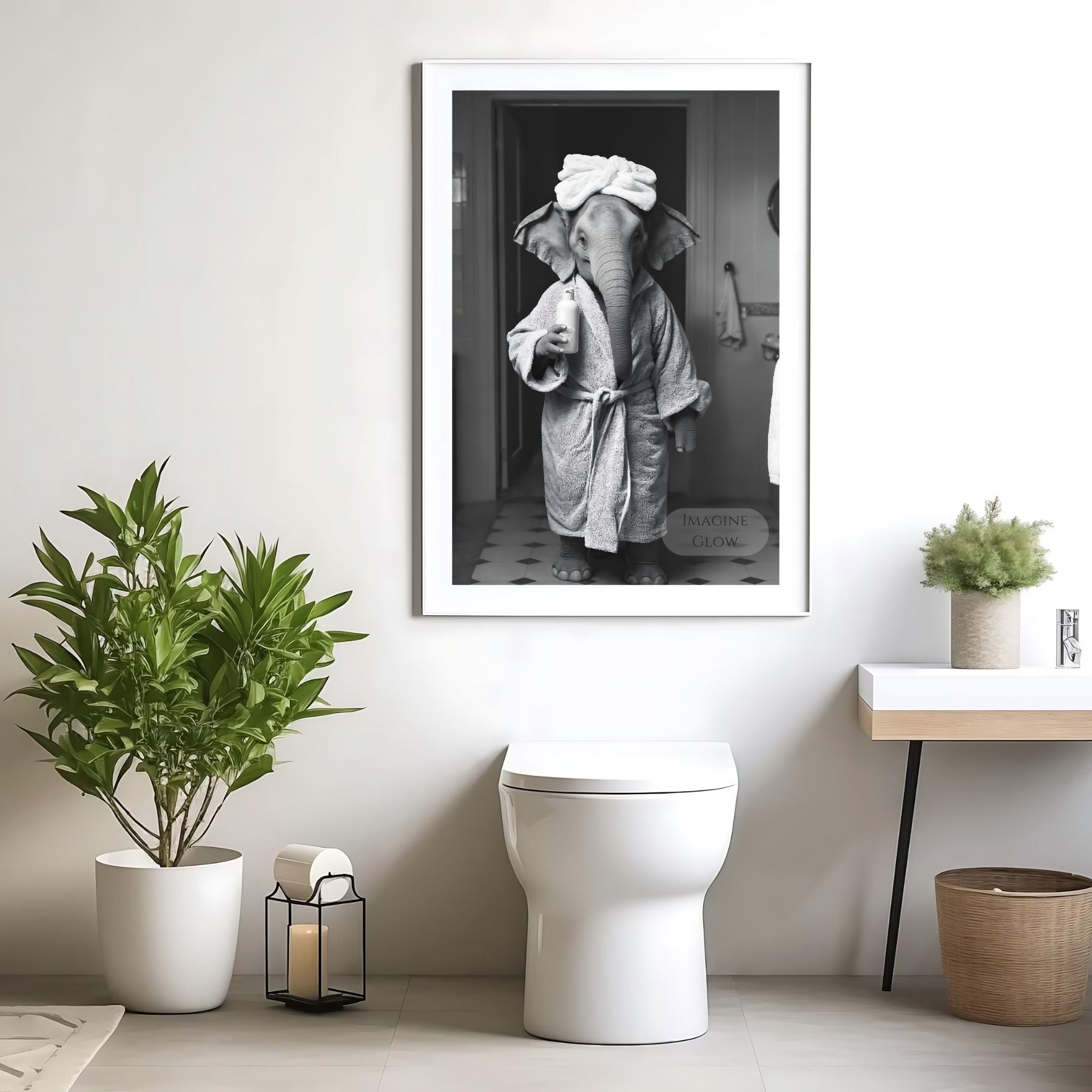 Elegant black and white elephant poster for restroom walls