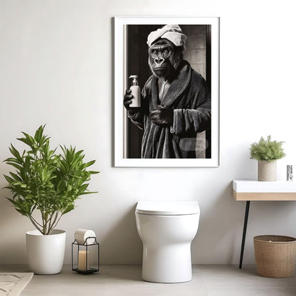 Elegant black and white gorilla poster for restroom walls