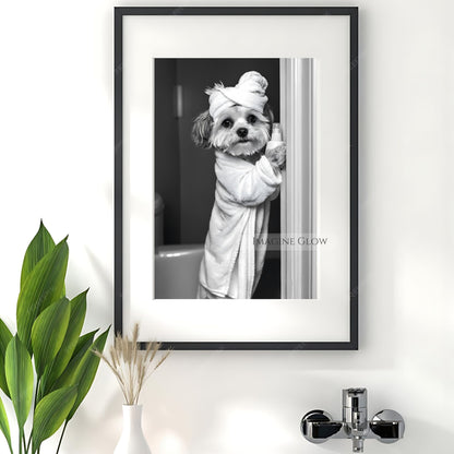 Havanese dog in a bathrobe, black-and-white bathroom print
