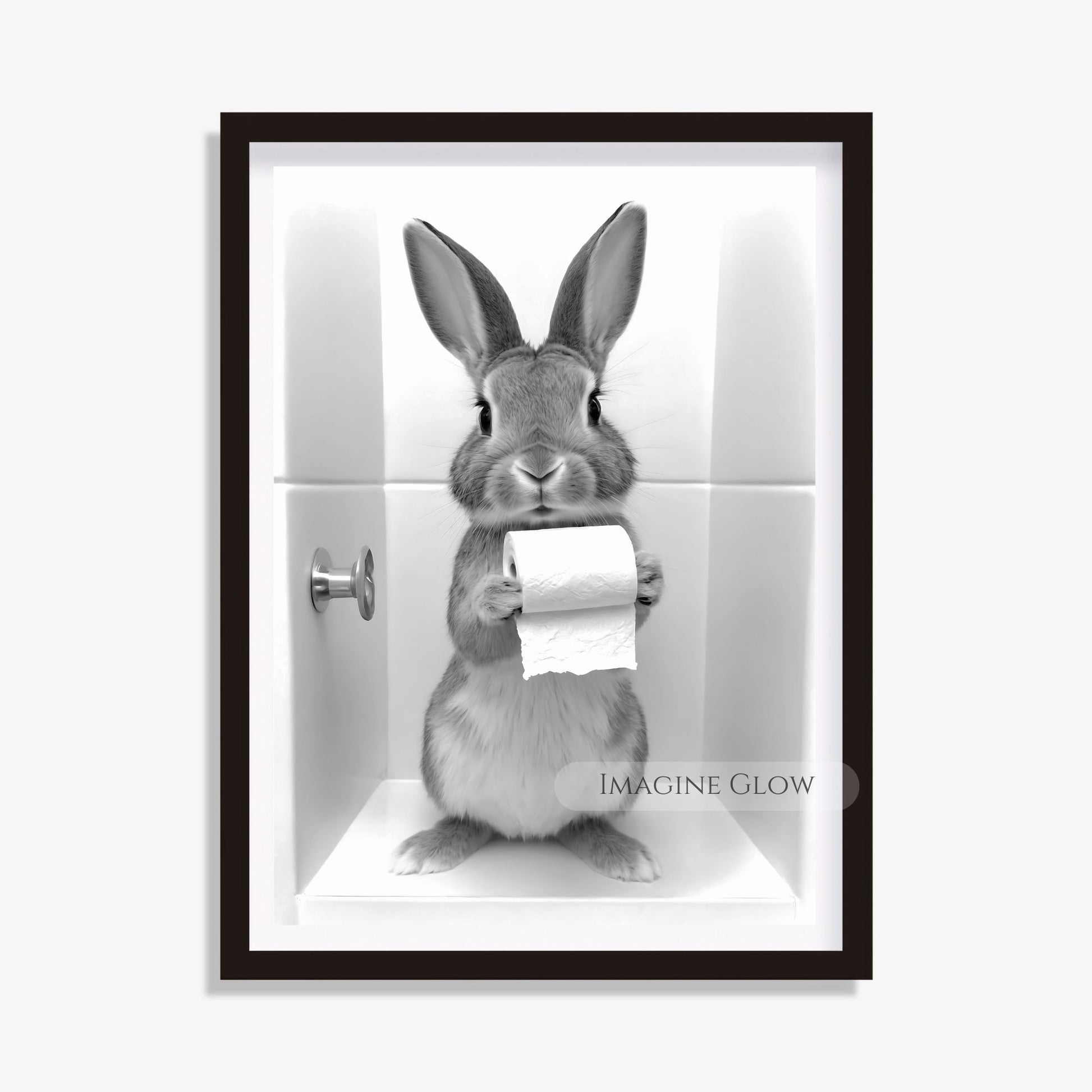 Bunny bathroom decor in color and black-and-white.
