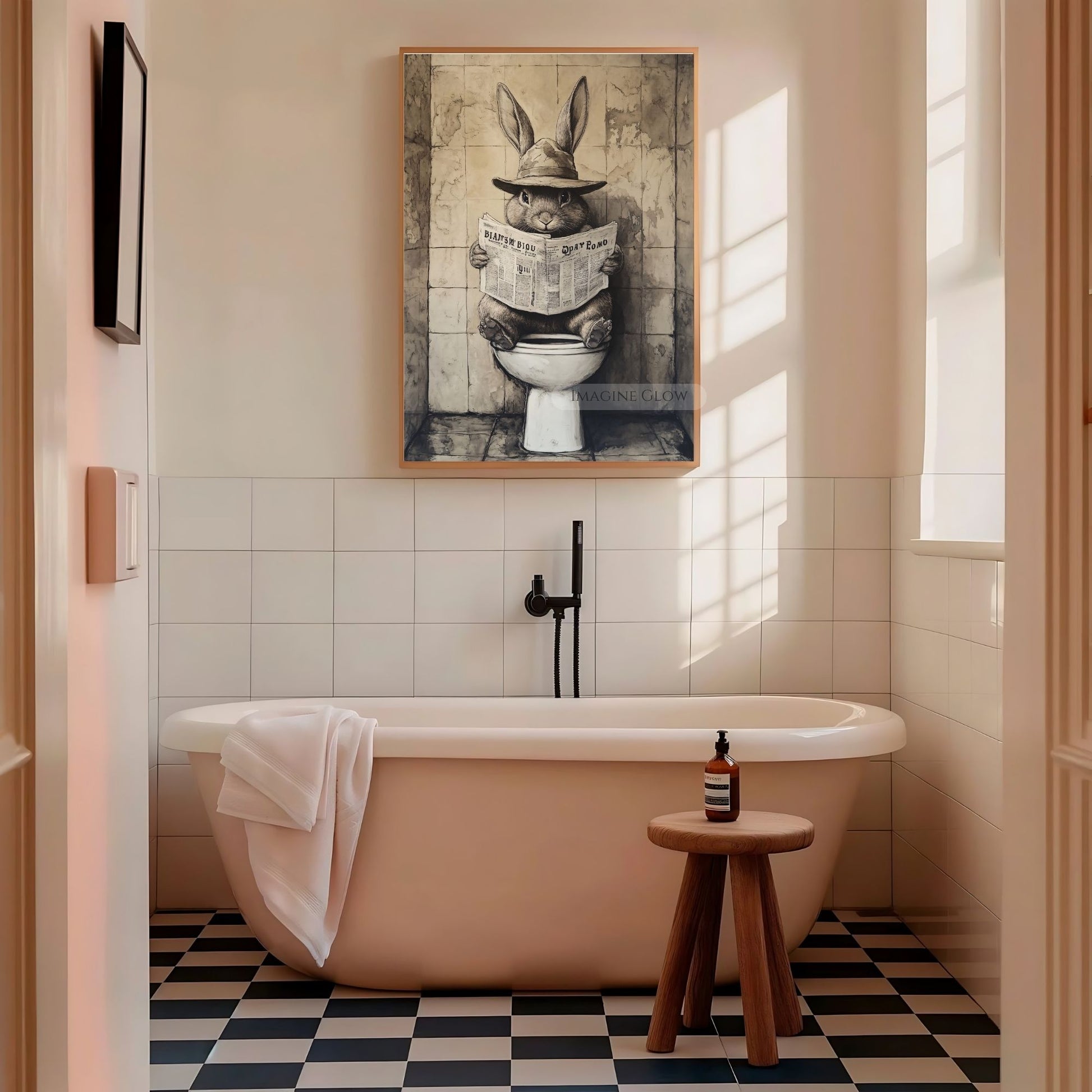 Humorous restroom poster with a rabbit reading newspaper.
