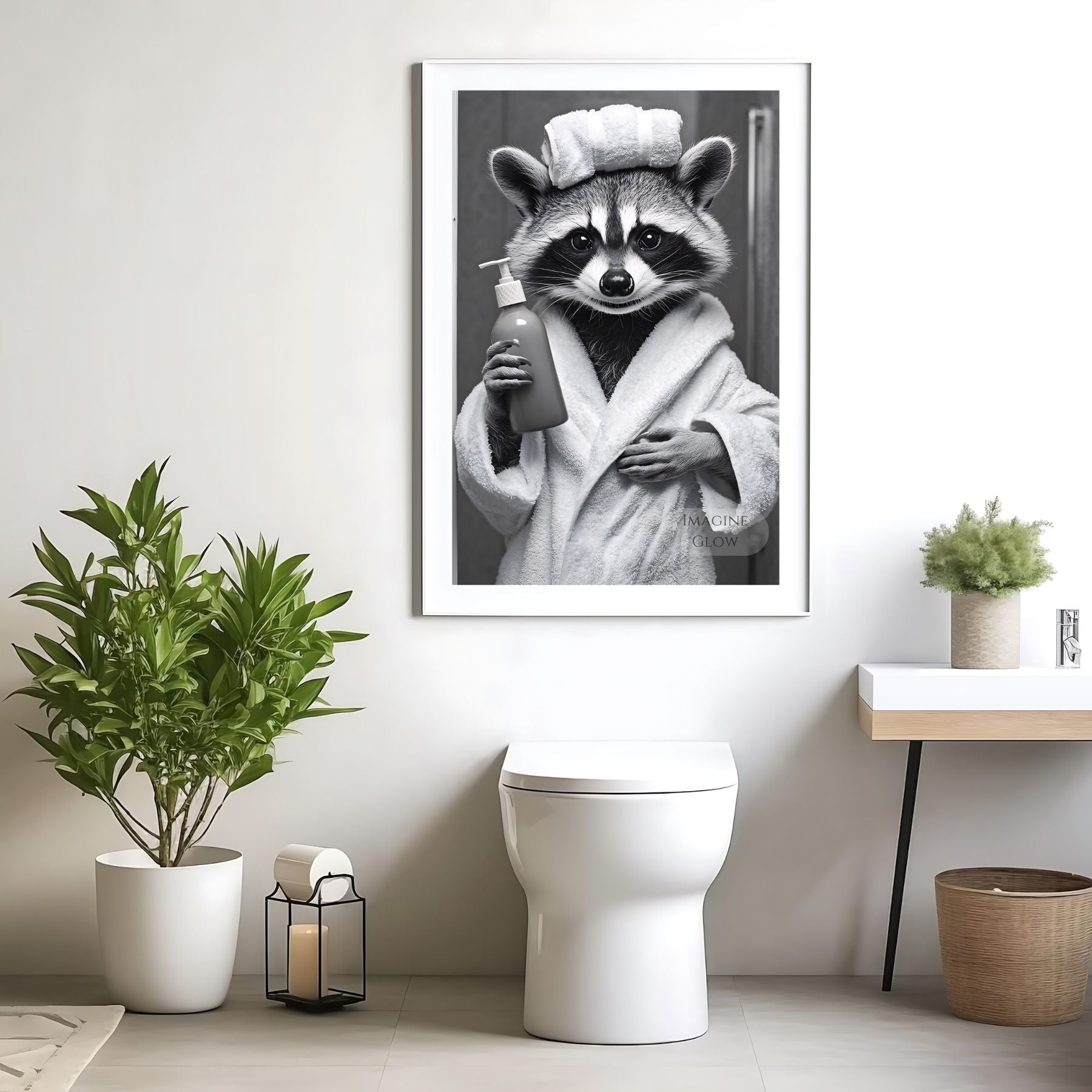 Animal bathroom print featuring a quirky raccoon design
