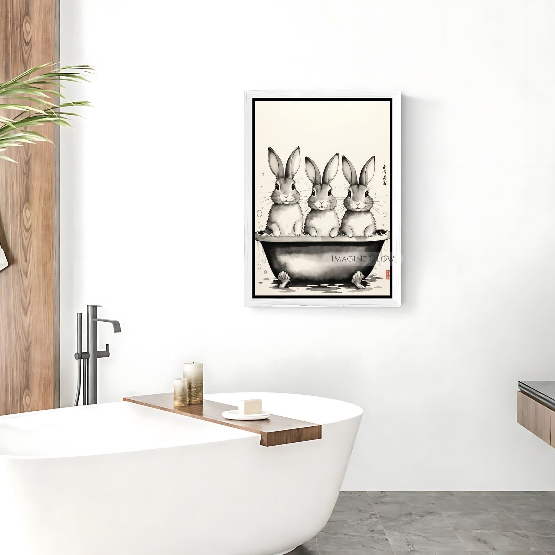 Farmhouse bathroom bunny wall decor
Playful rabbit bath time artwork