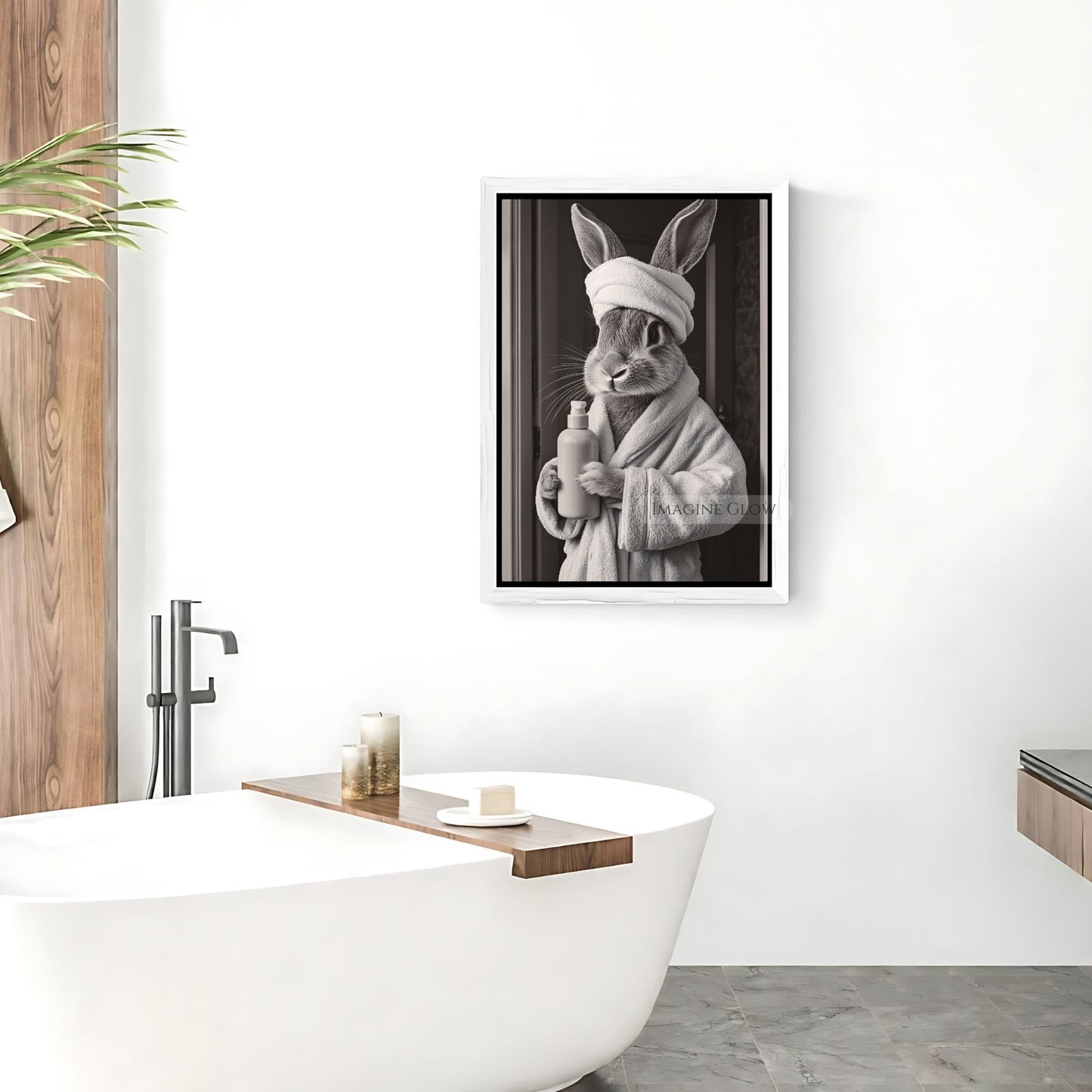 Playful bunny with soap bottle bathroom decor