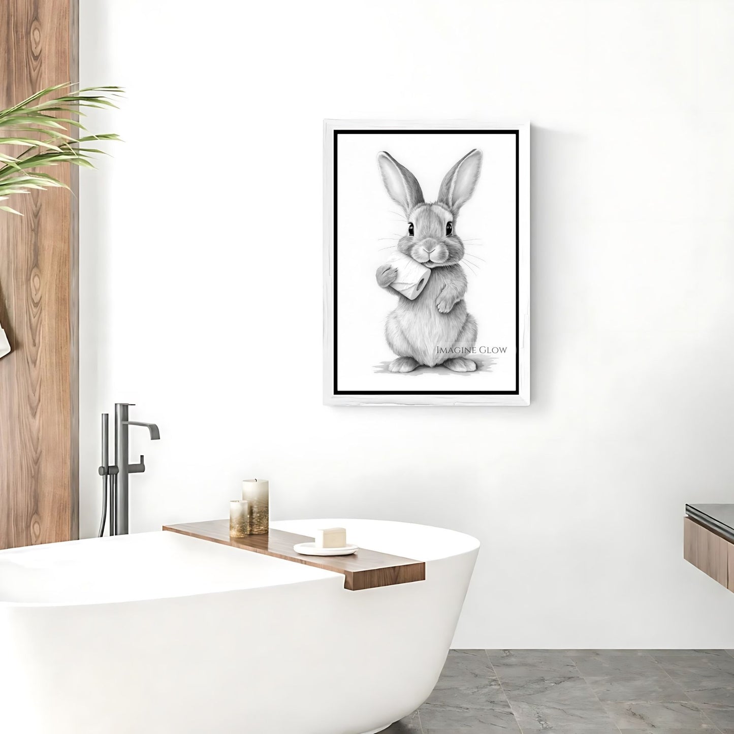 Whimsical bunny wall art for bathroom decor in monochrome tones.
