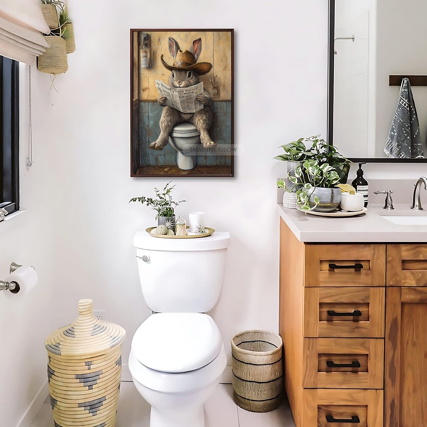 Animal wall art rabbit reading in the bathroom.
