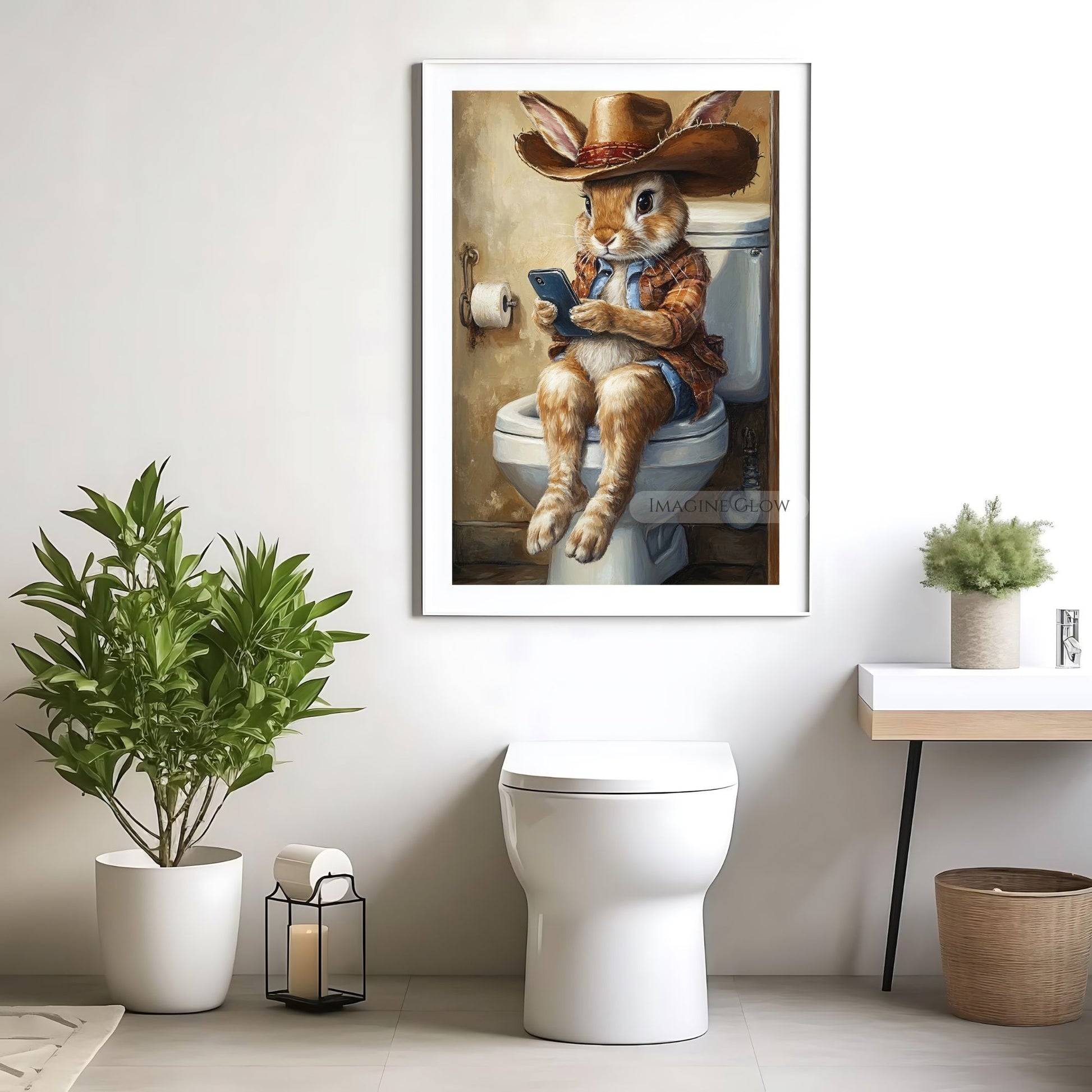 Funny rabbit wall decor for quirky bathroom spaces.
